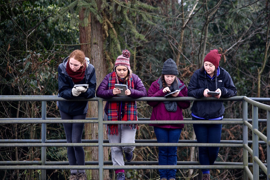 Nicki, Ari, Jenn, Alyssa looking very focused on scoring behavior (left to right)