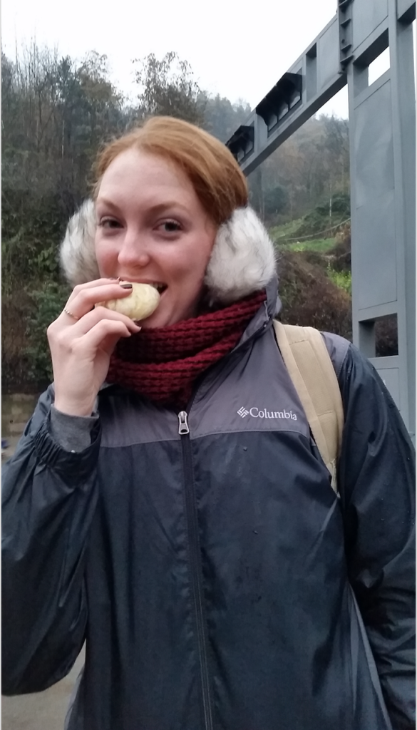 Nicki enjoying her morning ròu (pork) boazi.