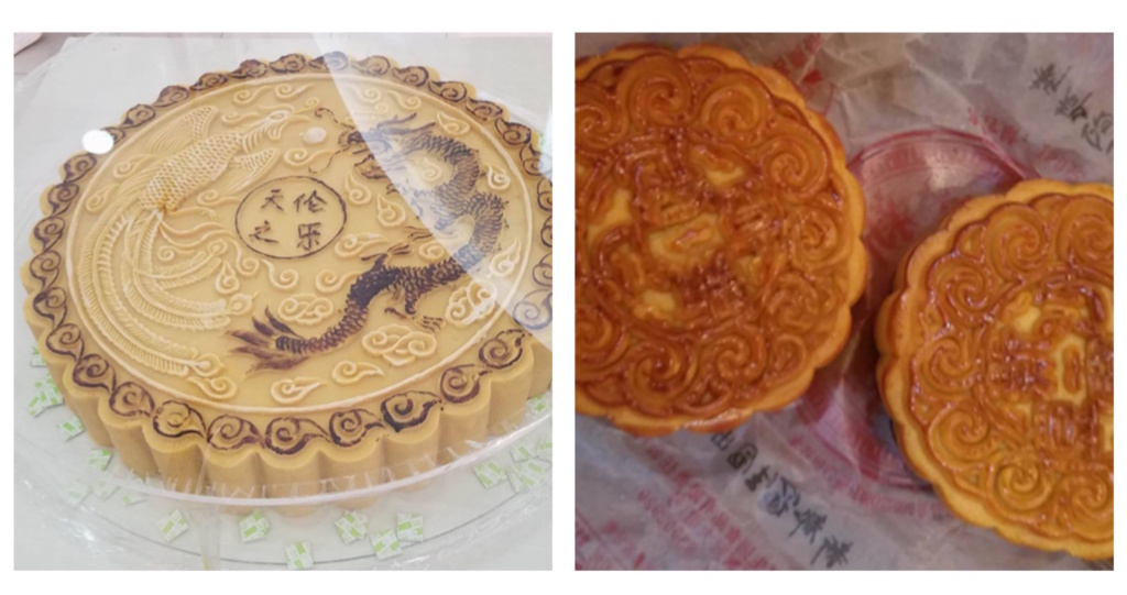 On the left is a beautiful very ornate mooncake we saw on display. On the right is the moon cakes we actually ate :)