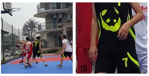 The base employees playing a friendly game of basketball with official jerseys and everything!